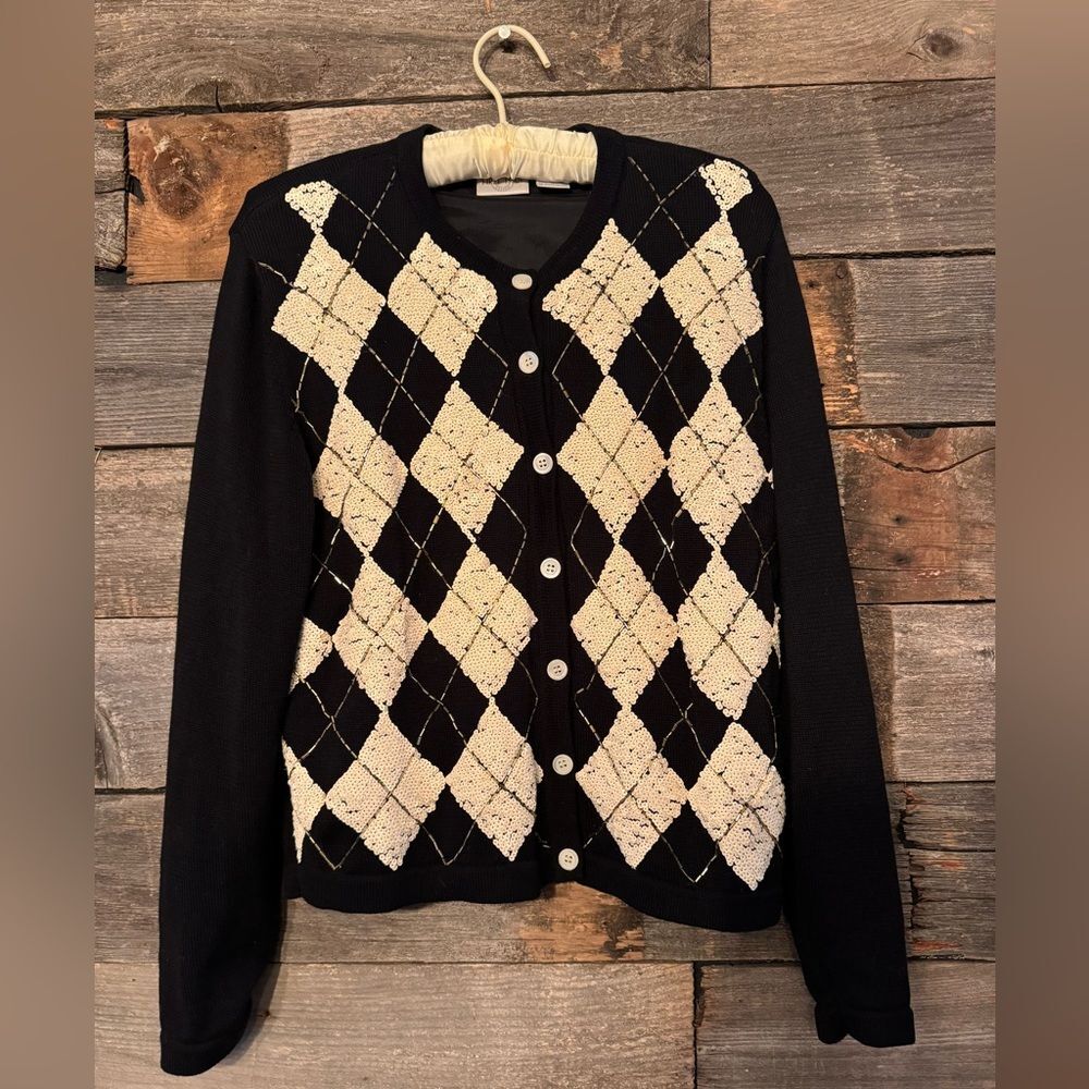 RARE Vintage First Issue Sequin Beaded Argyle Cardigan Size Medium